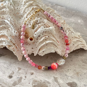 bracelet agate rose nacre hématite bijou artisanal pierres naturelles fermoir mousqueton